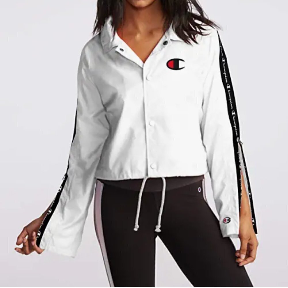 Champion Life Cropped Coaches Jacket Medium White Logo Tape Zip Sleeve Windbreak